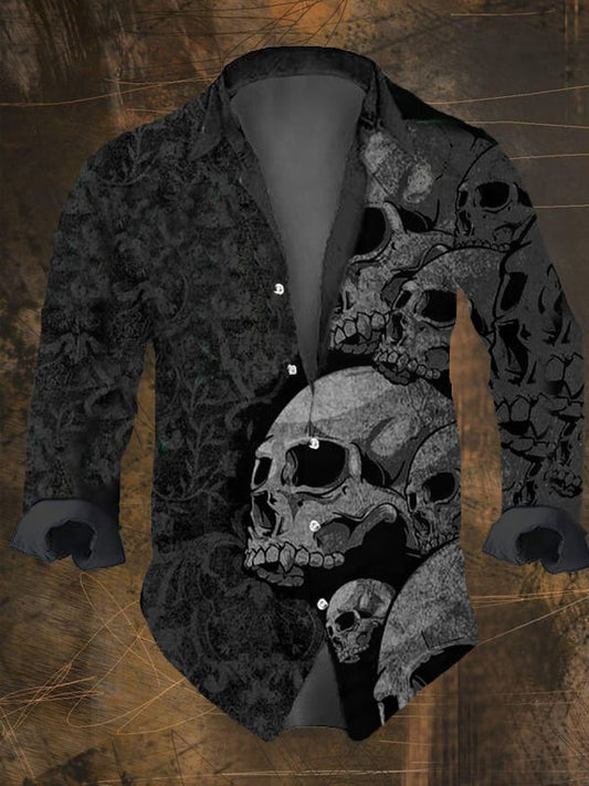 Men's Vintage Dark Skull Print Long Sleeve Shirt