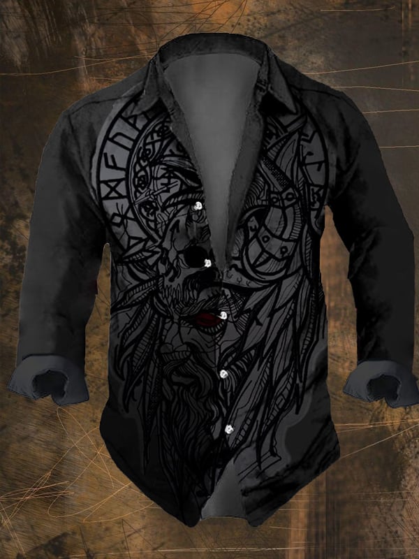 Men's Vintage Viking Print Long Sleeve Shirt