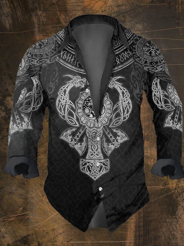 Men's Vintage Viking Print Long Sleeve Shirt