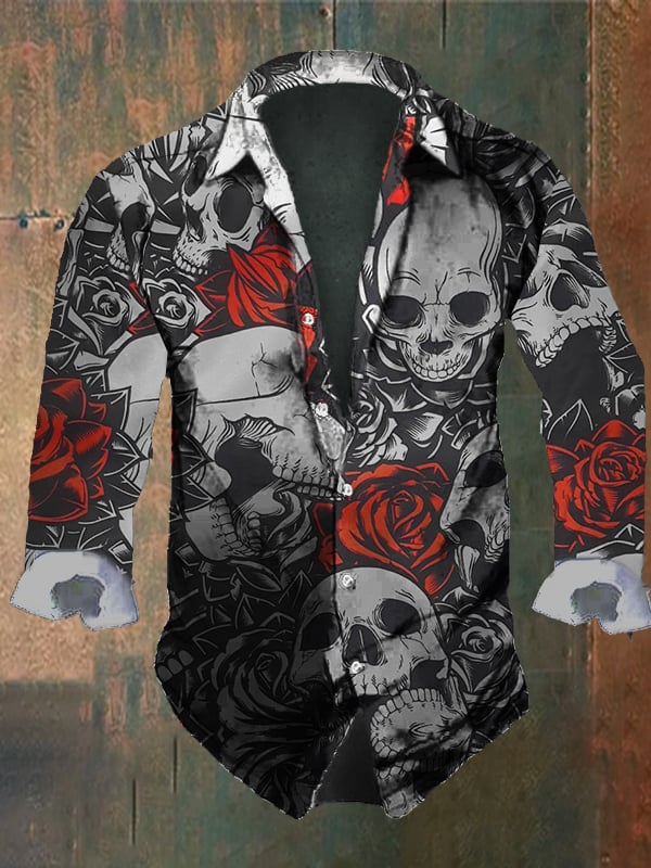 Men's Vintage Dark Skull Print Long Sleeve Shirt