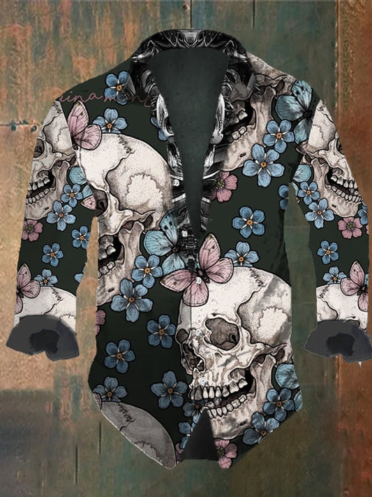 Men's Vintage Dark Skull Print Long Sleeve Shirt