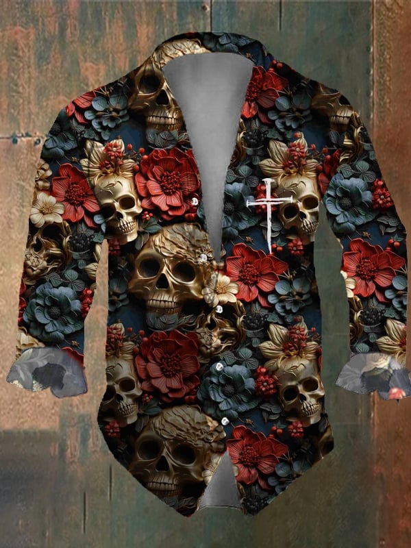 Men's Vintage Dark Skull Print Long Sleeve Shirt