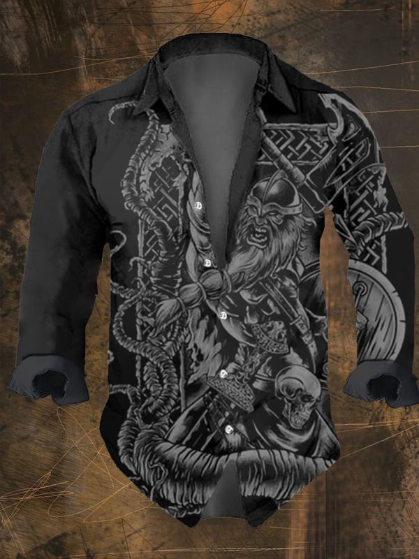 Men's Vintage Ethnic Viking Print Long Sleeve Shirt