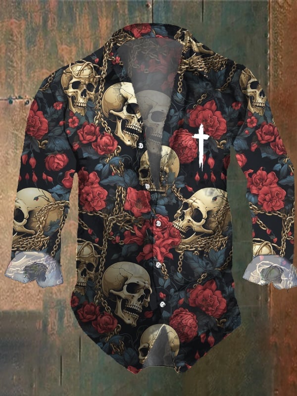 Men's Vintage Dark Skull Print Long Sleeve Shirt