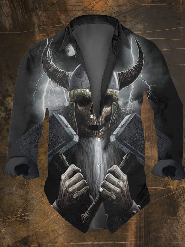 Men's Vintage Viking Print Long Sleeve Shirt