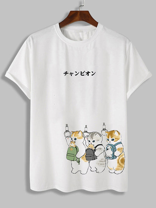 Men's Japanese Cartoon Cat Print Basic T-Shirt