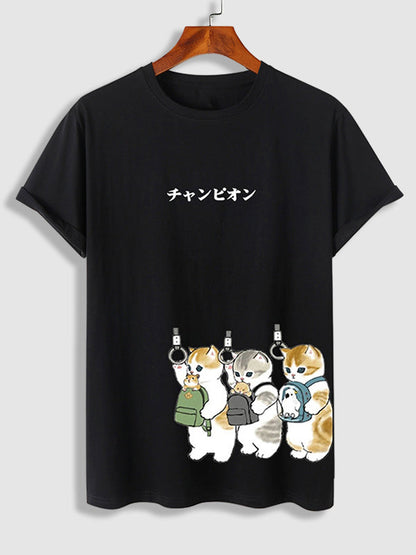 Men's Japanese Cartoon Cat Print Basic T-Shirt