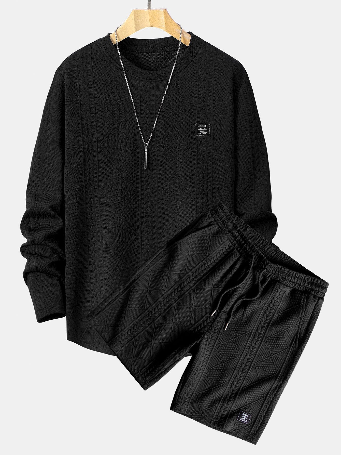 Long Sleeve Geometric Jacquard Arc Hem T-Shirt & Shorts