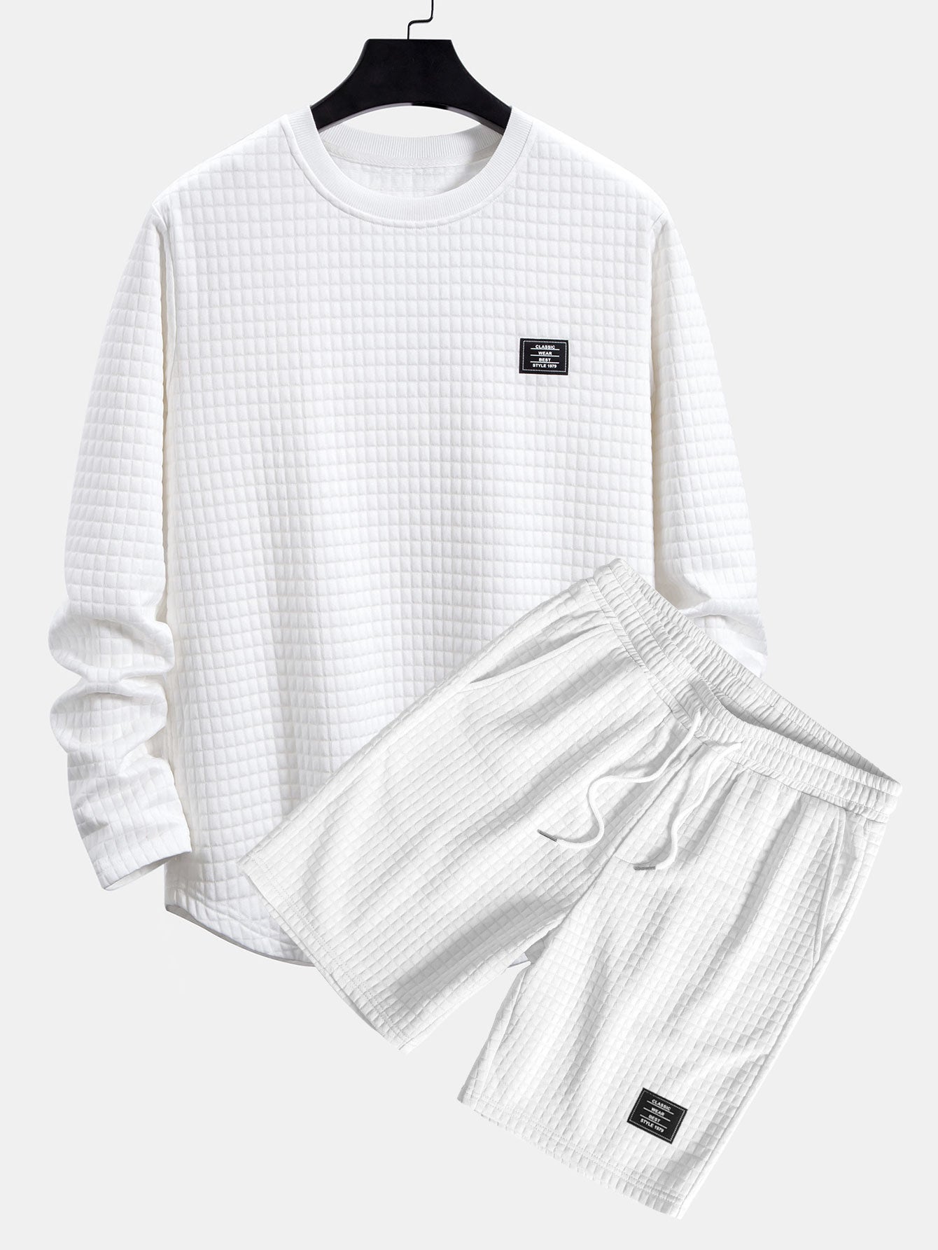 Long Sleeve Waffle Arc Hem T-Shirt & Waffle Drawstring Shorts