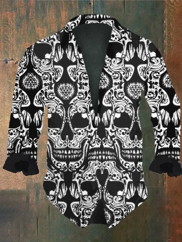 Men's Vintage Dark Skull Print Long Sleeve Shirt