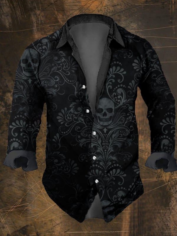 Men's Vintage Dark Skull Print Long Sleeve Shirt