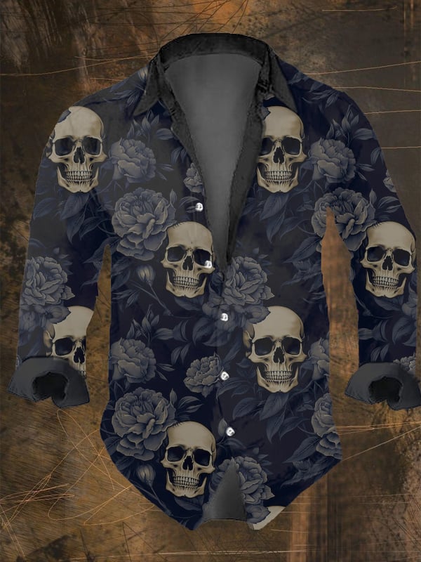 Men's Vintage Dark Skull Print Long Sleeve Shirt