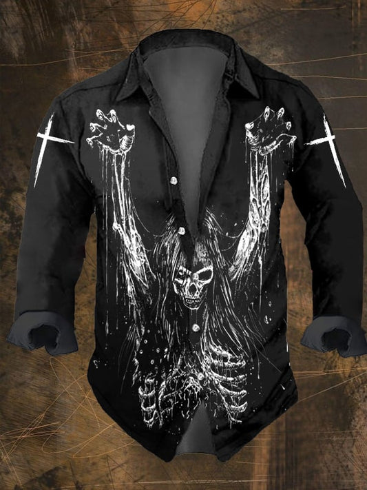 Men's Vintage Dark Skull Print Long Sleeve Shirt