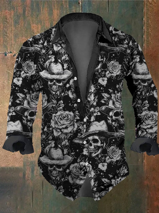 Men's Vintage Skull Floral Print Long Sleeve Shirt