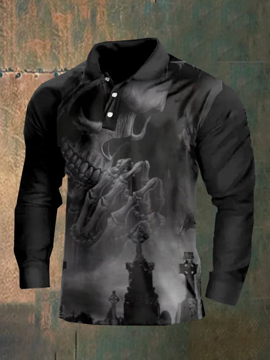 Dark style skull long sleeve polo shirt