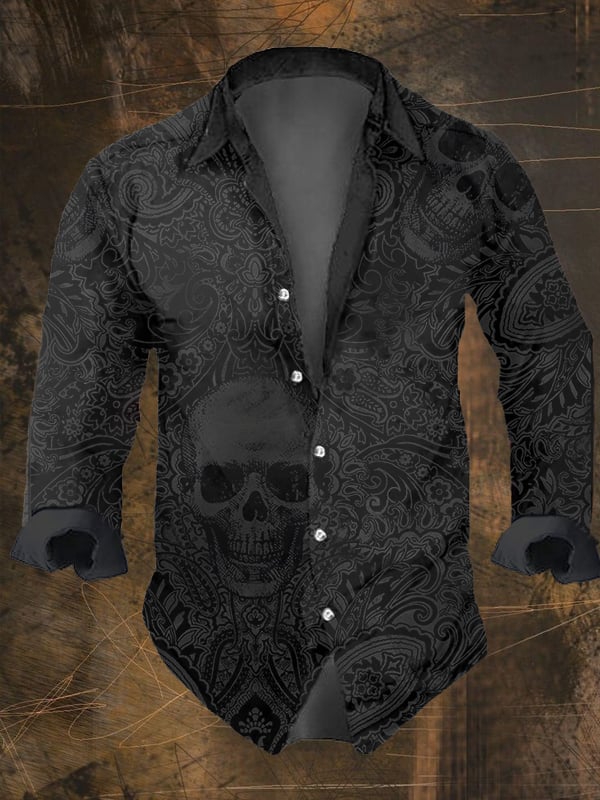 Men's Vintage Dark Skull Print Long Sleeve Shirt