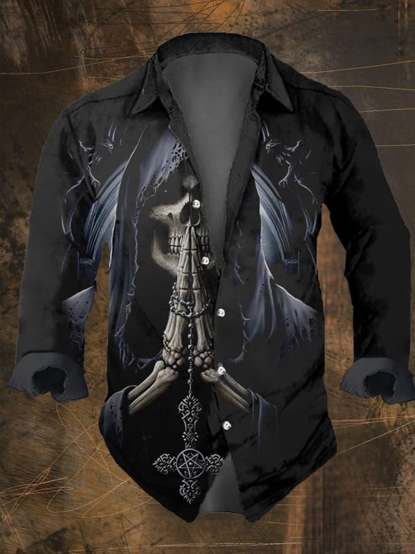 Men's Vintage Dark Skull Print Long Sleeve Shirt