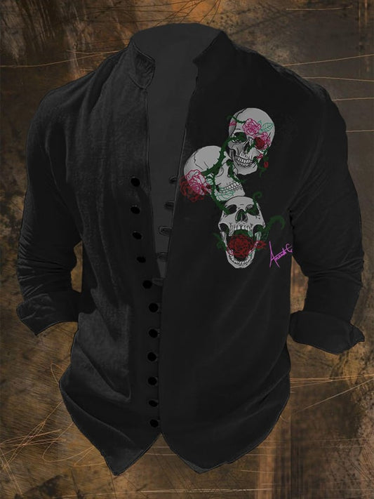 Men's Vintage Skull Button Long Sleeve Shirt