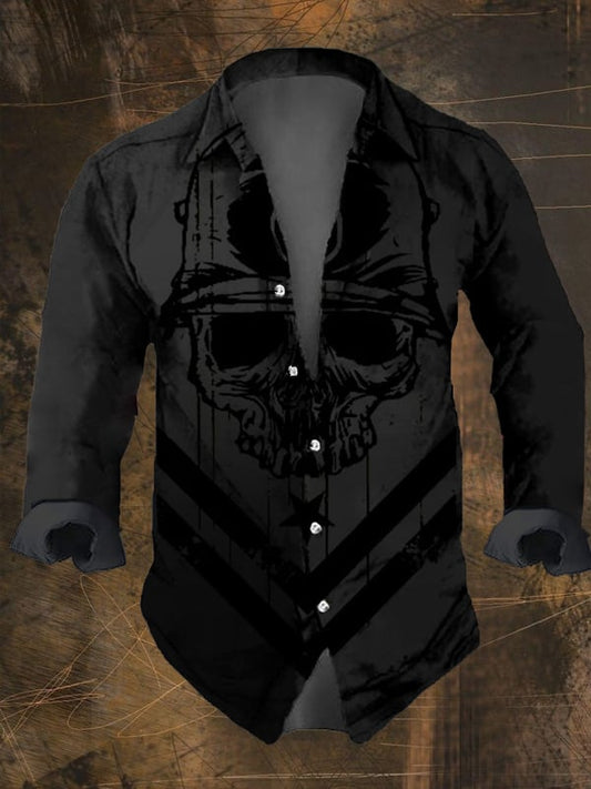 Men's Vintage Dark Skull Print Long Sleeve Shirt