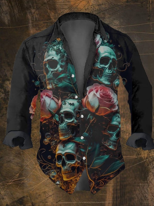 Men's Vintage Dark Skull Print Long Sleeve Shirt