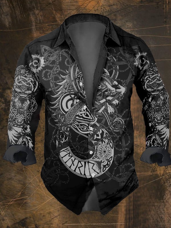 Men's Vintage Viking Print Long Sleeve Shirt