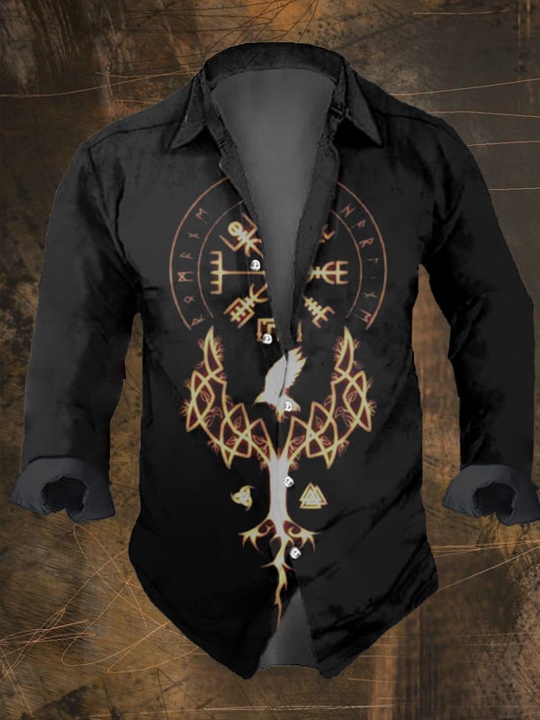 Men's Vintage Viking Print Lapel Shirt