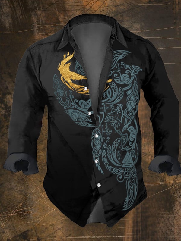 Men's Vintage Viking Print Lapel Long Sleeve Shirt