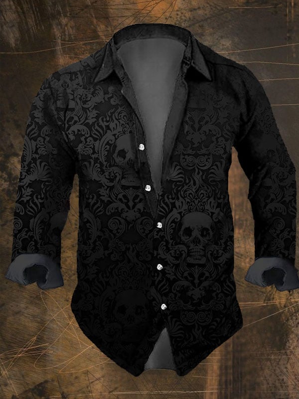 Men's Vintage Dark Skull Print Long Sleeve Shirt