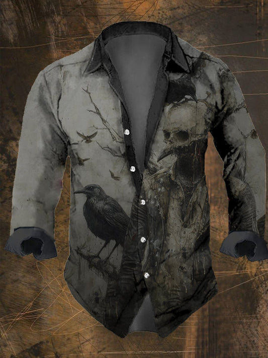 Men's Vintage Crow Skull Print Long Sleeve Shirt