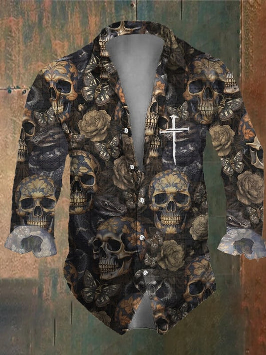 Men's Vintage Dark Skull Print Long Sleeve Shirt