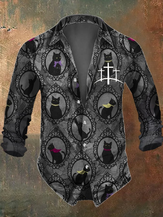 Men's Retro Gothic Cat Print Long Sleeve Shirt