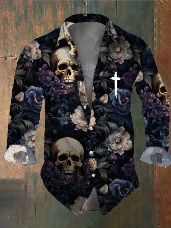 Men's Vintage Dark Skull Print Long Sleeve Shirt