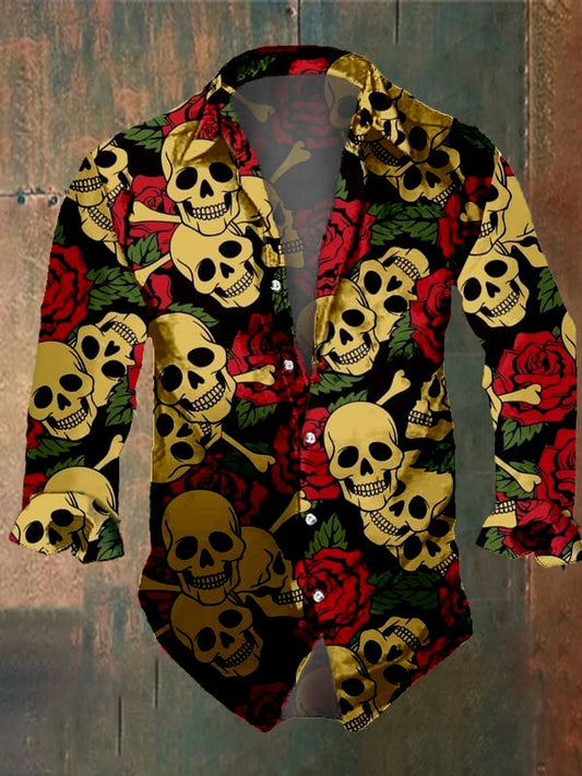 Men's Vintage Dark Skull Print Long Sleeve Shirt