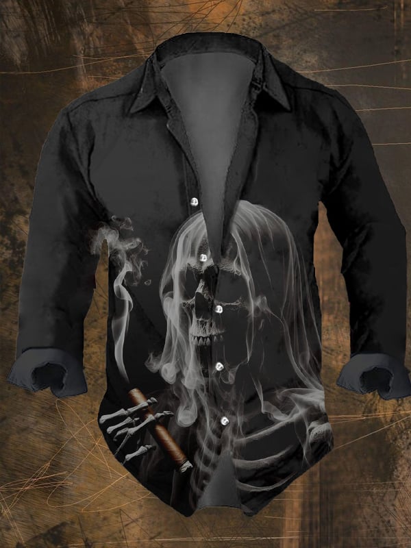 Men's Vintage Dark Skull Print Long Sleeve Shirt