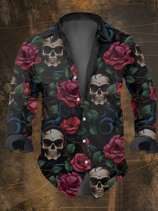 Men's Vintage Dark Skull Print Long Sleeve Shirt