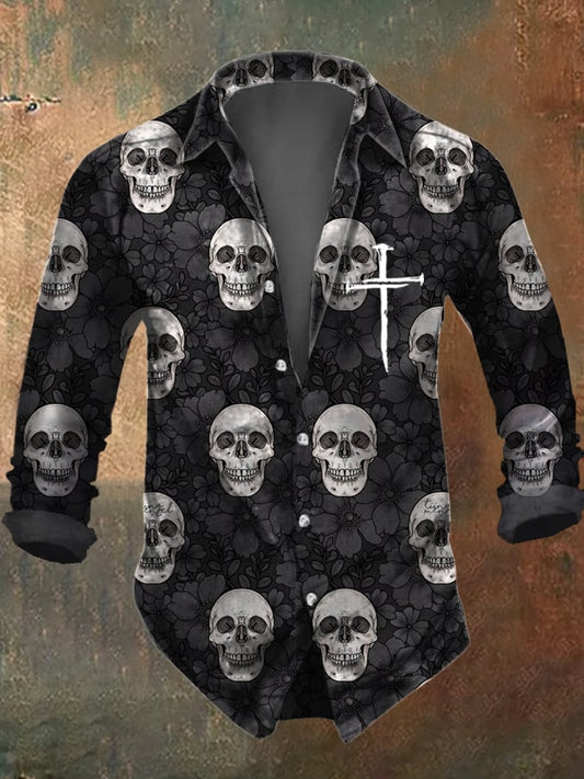 Men's Floral Skull Print Long Sleeve Shirt