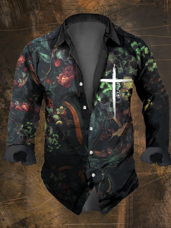 Men's Vintage Dark Skull Print Long Sleeve Shirt