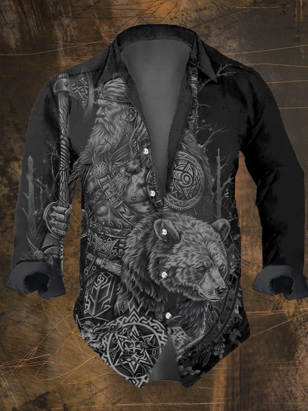 Men's Vintage Viking Print Long Sleeve Shirt