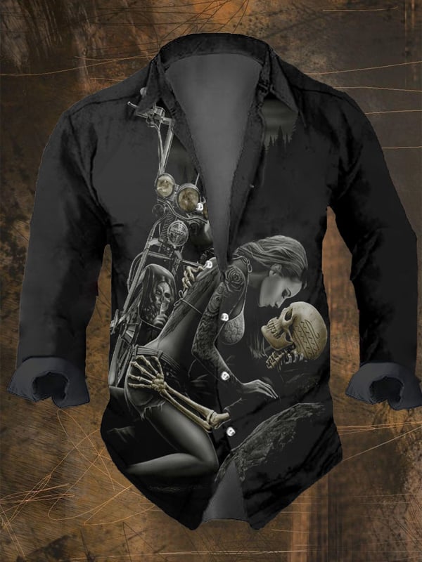 Men's Vintage Dark Skull Print Long Sleeve Shirt