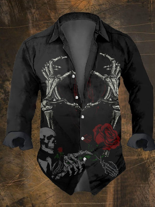 Men's Vintage Dark Skull Print Long Sleeve Shirt