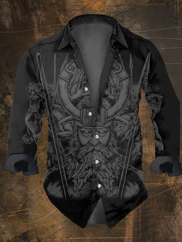 Men's Vintage Viking Print Long Sleeve Shirt