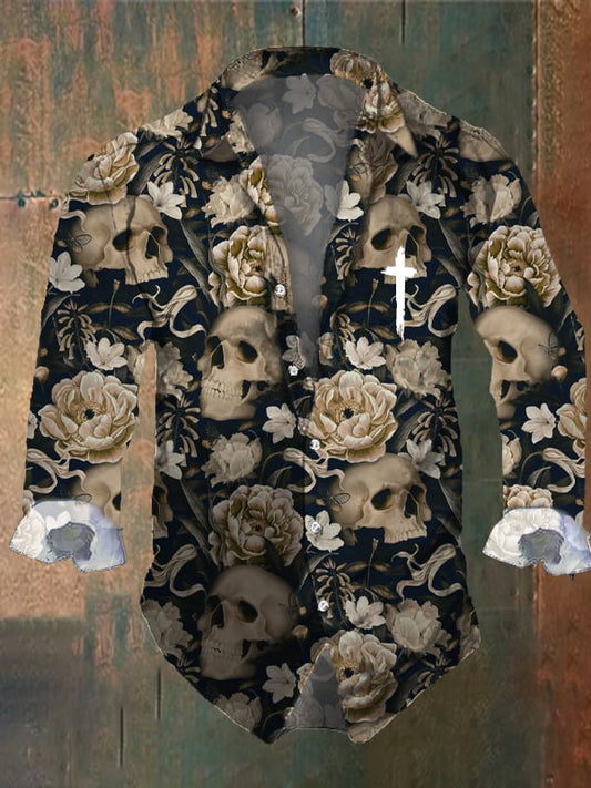 Men's Vintage Dark Skull Print Long Sleeve Shirt