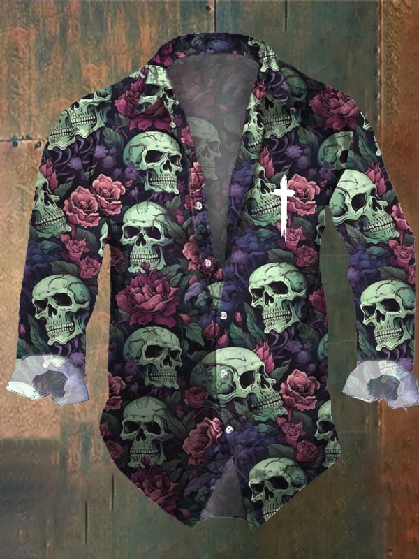 Men's Vintage Dark Skull Print Long Sleeve Shirt