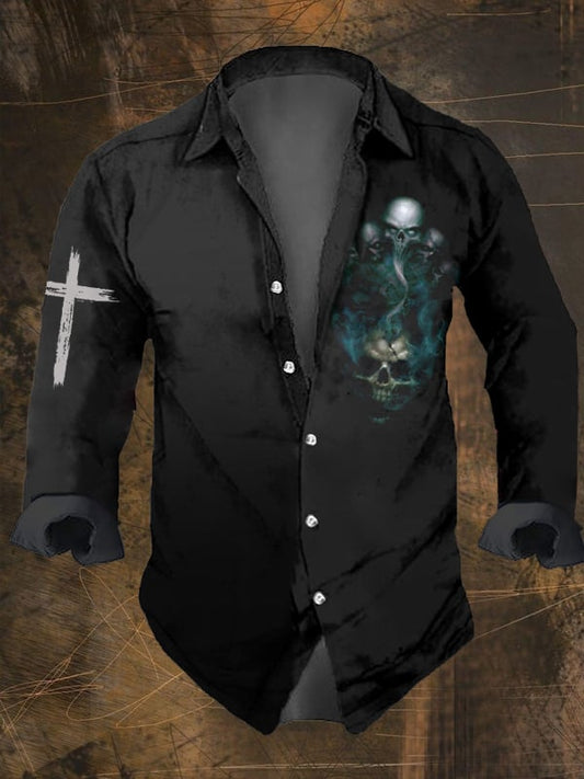 Men's Vintage Dark Skull Print Long Sleeve Shirt