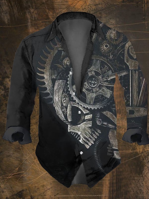 Men's Vintage Dark Skull Print Long Sleeve Shirt