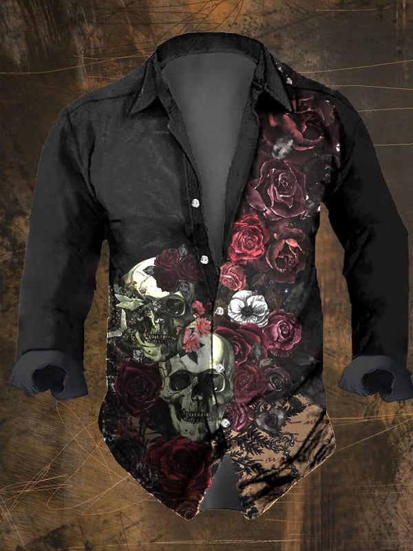 Men's Vintage Dark Skull Print Long Sleeve Shirt