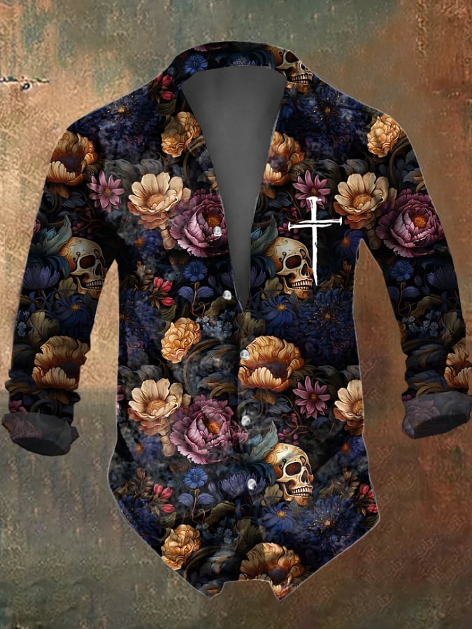 Men's Floral Skull Print Long Sleeve Shirt