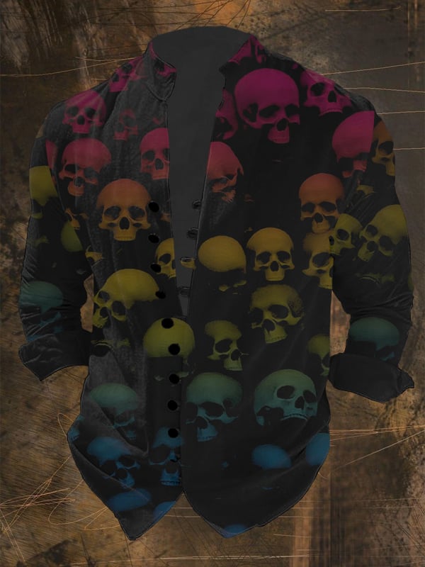 Men's Vintage Skull Print Multi-Button Shirt