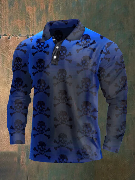 Dark style skull long sleeve polo shirt