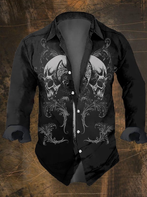 Men's Vintage Dark Skull Print Long Sleeve Shirt